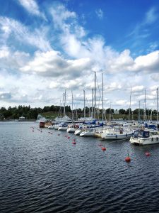 white motorboats on calm body of water